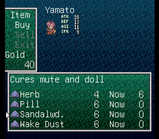 Item shop in English listing Herb, Pill, Sandalwood and Wake Dust