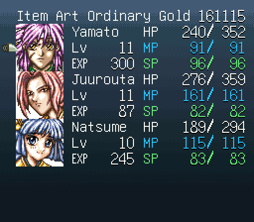 Party status menu in English showing Yamato, Juurouta and Natsume