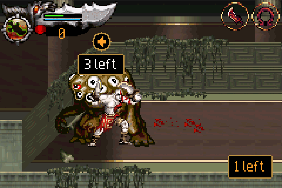 Kratos fighting Argos with a directional QTE prompt in the GBA port