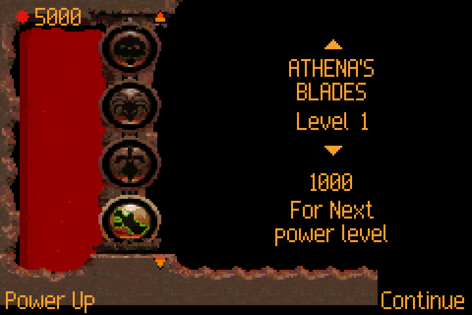 Power Up screen showing Athenas Blades and the animated red orb reservoir