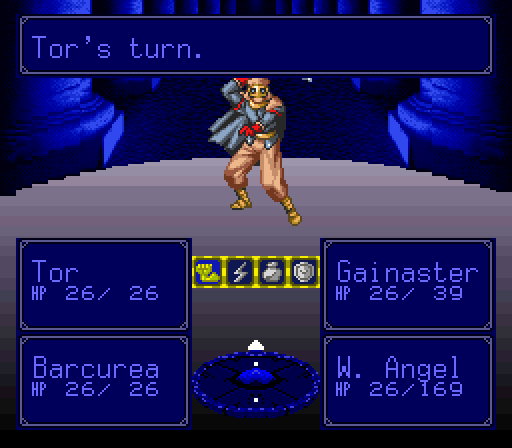 Granhistoria: Genshi Sekaiki English Patch (SNES) – Full Translation v1.6 5 Battle screen with Tor, Gainaster, Barcurea and W. Angel
