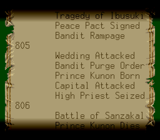 Granhistoria: Genshi Sekaiki English Patch (SNES) – Full Translation v1.6 4 World Chronicle history timeline for 805 and 806 in English