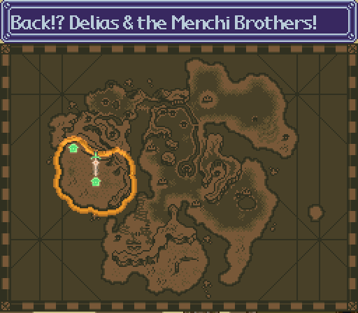 Haou Taikei Ryuu Knight: Lord of Paladin English Patch (SNES) v1.0 6 World Map screen titled Back!? Delias & the Menchi Brothers!