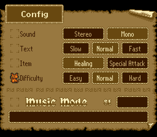Rejoice Config menu in English: Sound, Text, Item, Difficulty, Music Mode