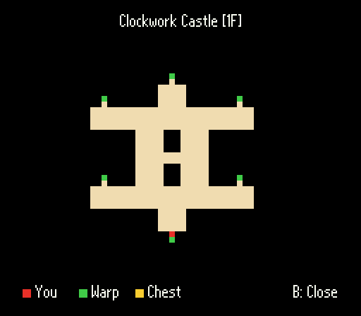 Rejoice: Aretha Oukoku no Kanata English Patch (SNES) – Full Translation v1.3 6 New dungeon map screen of Clockwork Castle 1F with warps marked