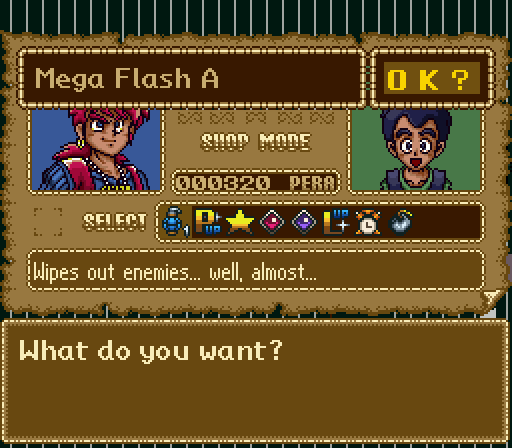 Rejoice: Aretha Oukoku no Kanata English Patch (SNES) – Full Translation v1.3 7 Item shop screen in English with the Mega Flash A description