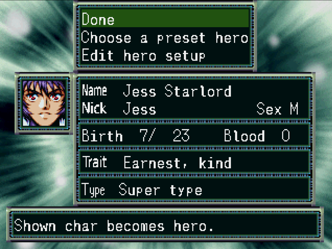 English translated Super Robot Wars F protagonist setup screen