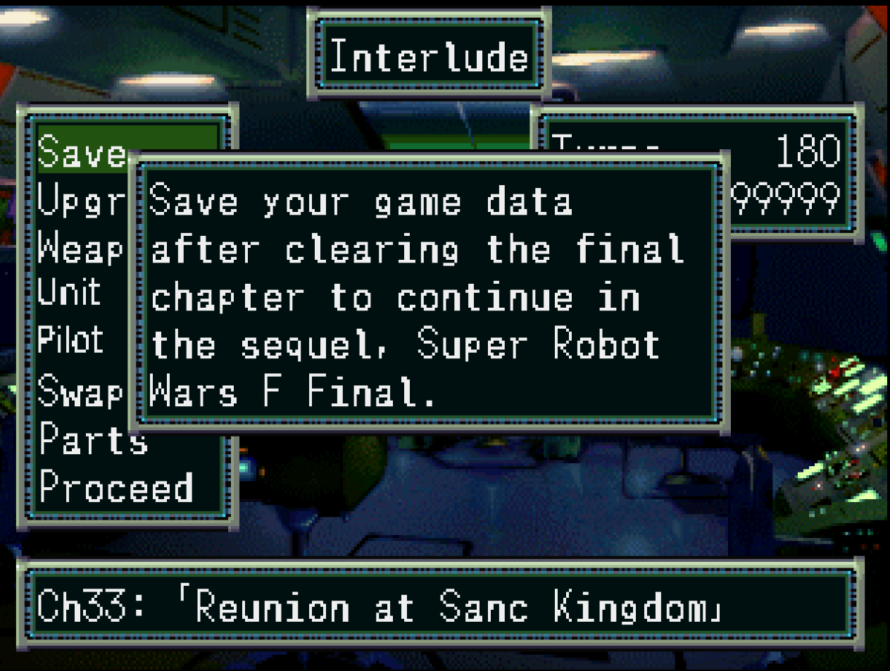 English translated Super Robot Wars F interlude menu showing the save-game prompt and scenario name.