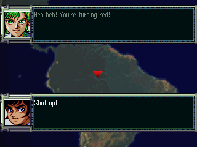 Super Robot Wars F (PS1) – English Translation Patch v1.0.10 4 Masaki teasing a friend in an English conversation over the map