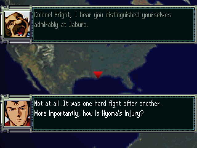 Super Robot Wars F (PS1) – English Translation Patch v1.0.10 3 Two pilots talking over the world map in English