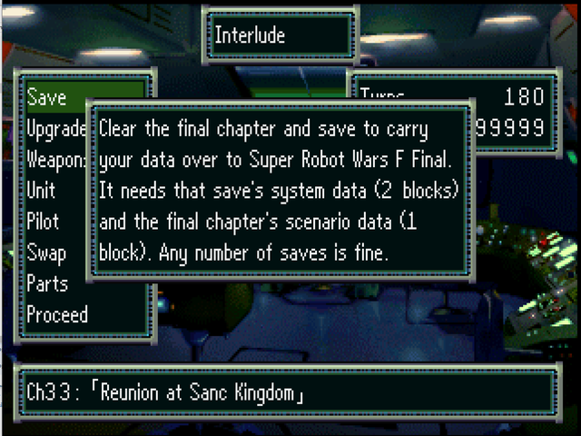 Super Robot Wars F (PS1) – English Translation Patch v1.0.10 5 Interlude menu with the save help for carrying data over to Super Robot Wars F Final