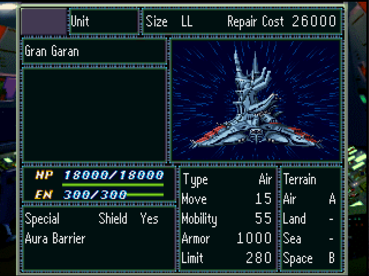 Super Robot Wars F (PS1) – English Translation Patch v1.0.10 6 Parts screen fitting a Bionic Condenser to the Gundam Mk-II