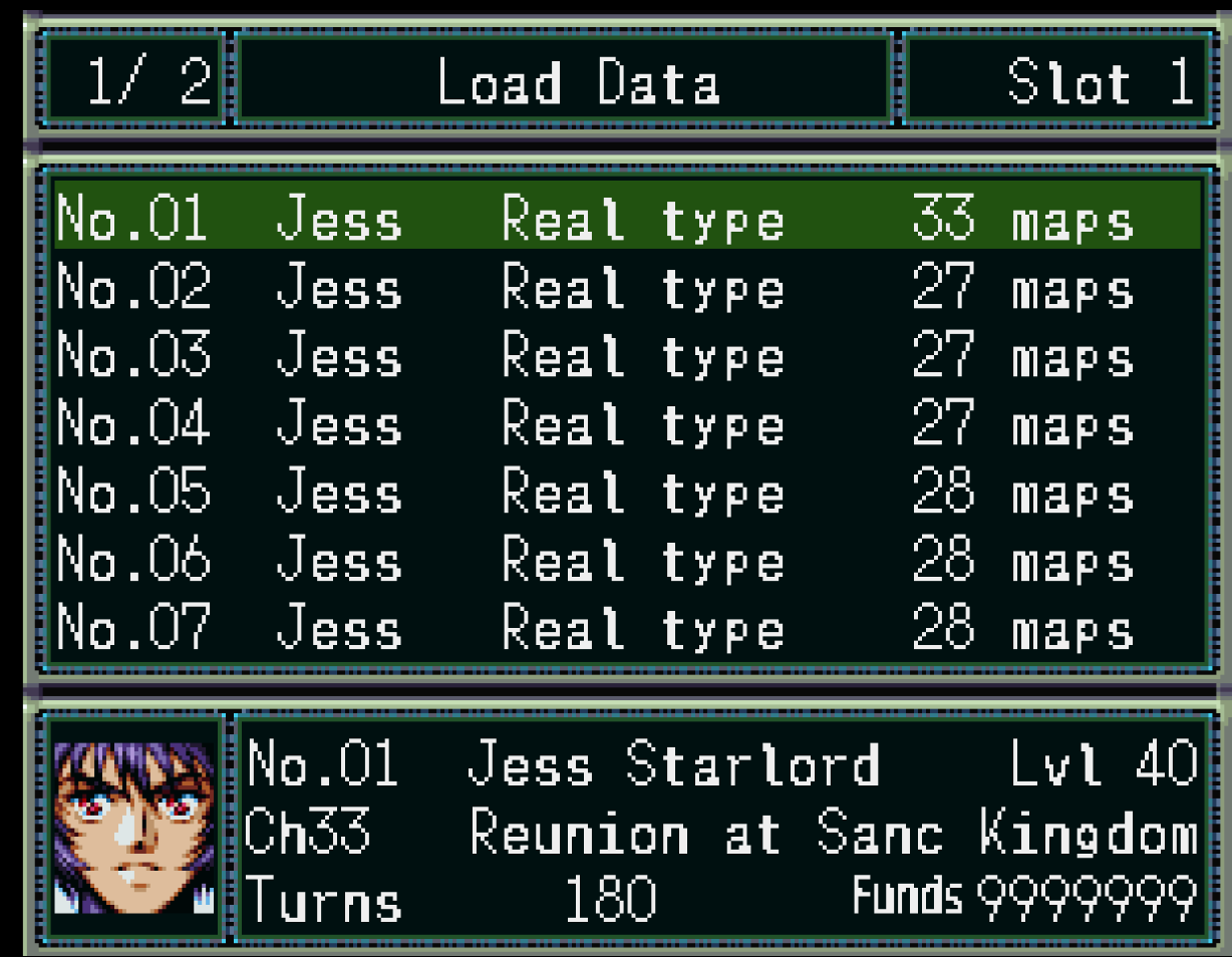 English translated save slot screen showing multiple Super Robot Wars F saved games.