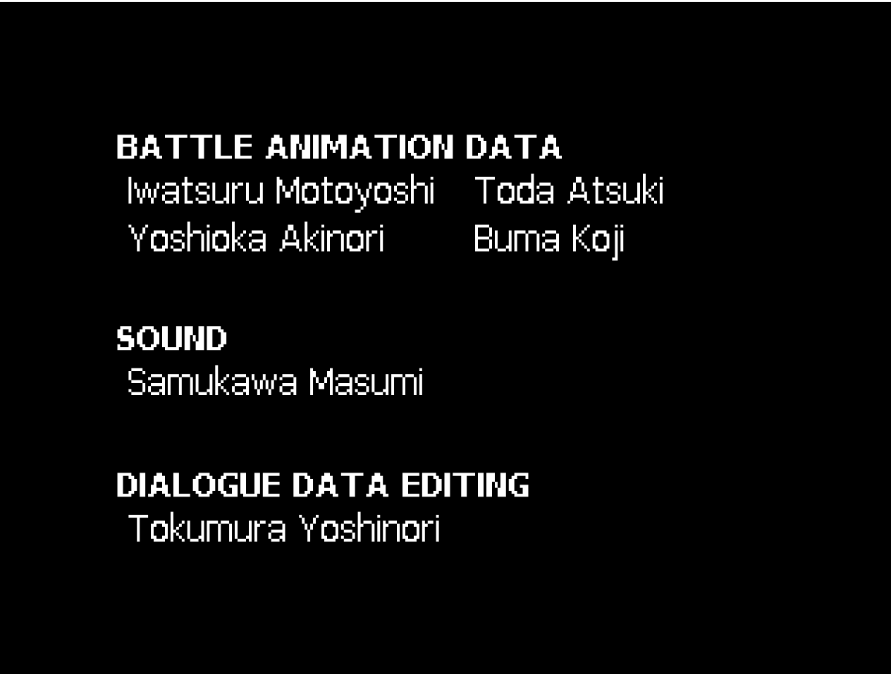 Original Super Robot Wars F ending credits listing battle animation data sound and dialogue editing staff.