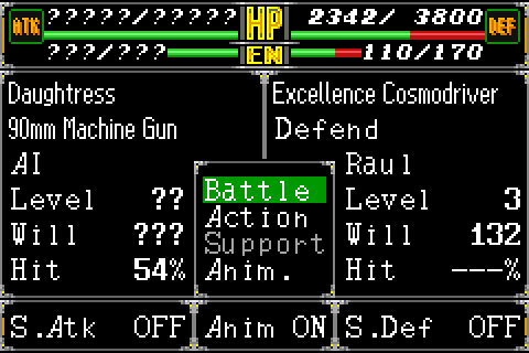Super Robot Taisen R English Patch (GBA) – Full Translation v1.2.1 5 Battle forecast screen with Battle, Action, Support and Anim options