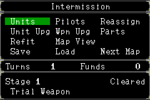 Super Robot Taisen R English Patch (GBA) – Full Translation v1.2.1 6 Intermission menu with Units, Pilots, Refit and Next Map