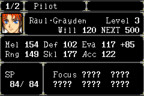 Super Robot Taisen R English Patch (GBA) – Full Translation v1.2.1 8 Pilot status screen of Raul Grayden