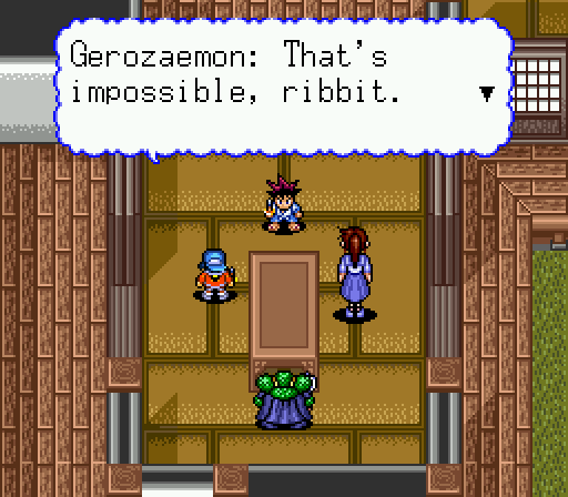 Kenyuu Densetsu Yaiba English Patch (SNES) – Full Translation v1.0 3 Gerozaemon saying "That's impossible, ribbit." in an English dialogue box