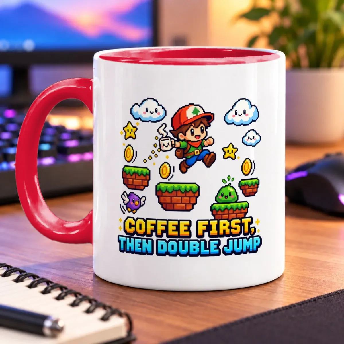 Coffee First, Then Double Jump – 11oz Mug – Tasse mit farbigem Henkel