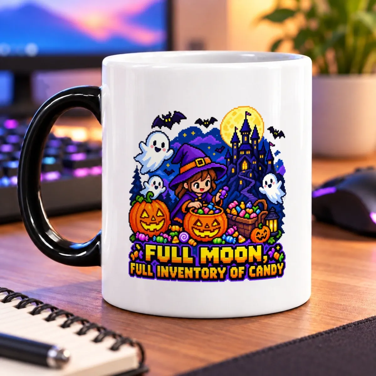 Full Moon, Full Inventory of Candy – 11oz Mug 4 Pixel-art witch gathering candy with friendly ghosts and a castle beneath a full moon – magic 11oz mug