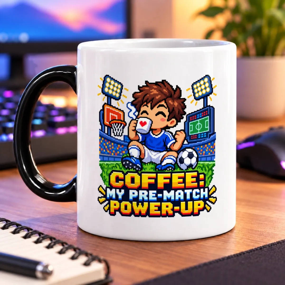 Coffee: My Pre-Match Power-Up – 11oz Mug 4 Pixel-art player sipping coffee beside a soccer ball, with the text “Coffee: My Pre-Match Power-Up” – magic 11oz mug