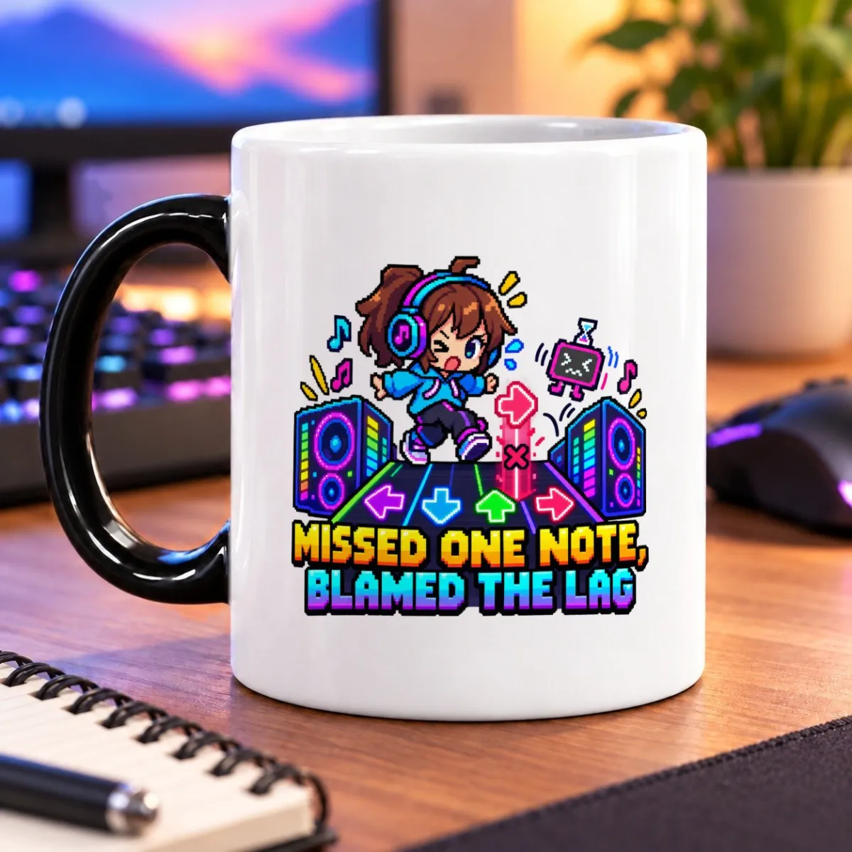 Missed One Note, Blamed the Lag – 11oz Mug 4 Pixel-art rhythm scene with a dancing player, glowing arrows, speakers, and “Missed One Note, Blamed the Lag” – magic 11oz mug