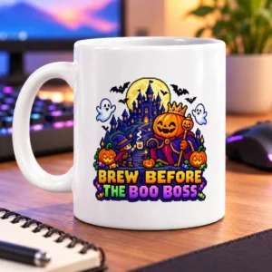 Pixel-art pumpkin boss, moonlit castle, friendly ghosts, and the words “Brew Before the Boo Boss” – white 11oz mug