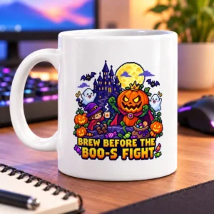 Pixel-art witch and pumpkin champion beneath a full moon, with ghosts, bats, candy, and the text “Brew Before the… – white 11oz mug