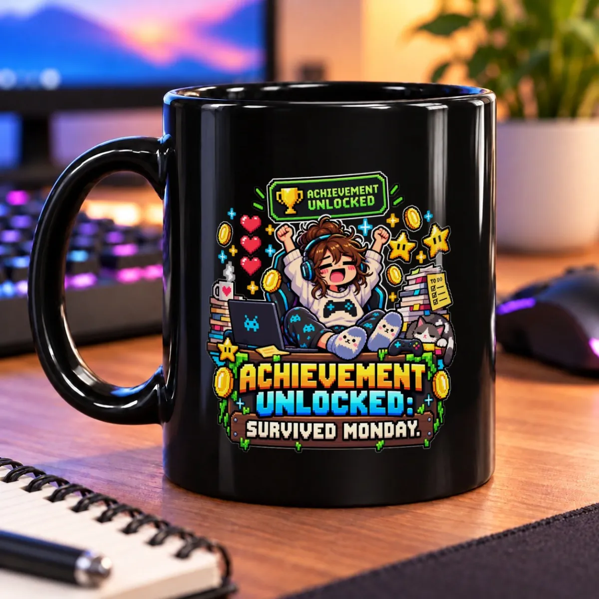 Achievement Unlocked: Survived Monday – 11oz Mug 3 Pixel-art gamer celebrates a Monday achievement among books, hearts, coins, and a TO DO note – black 11oz mug
