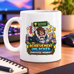 Pixel-art gamer celebrates a Monday achievement among books, hearts, coins, and a TO DO note – white 11oz mug