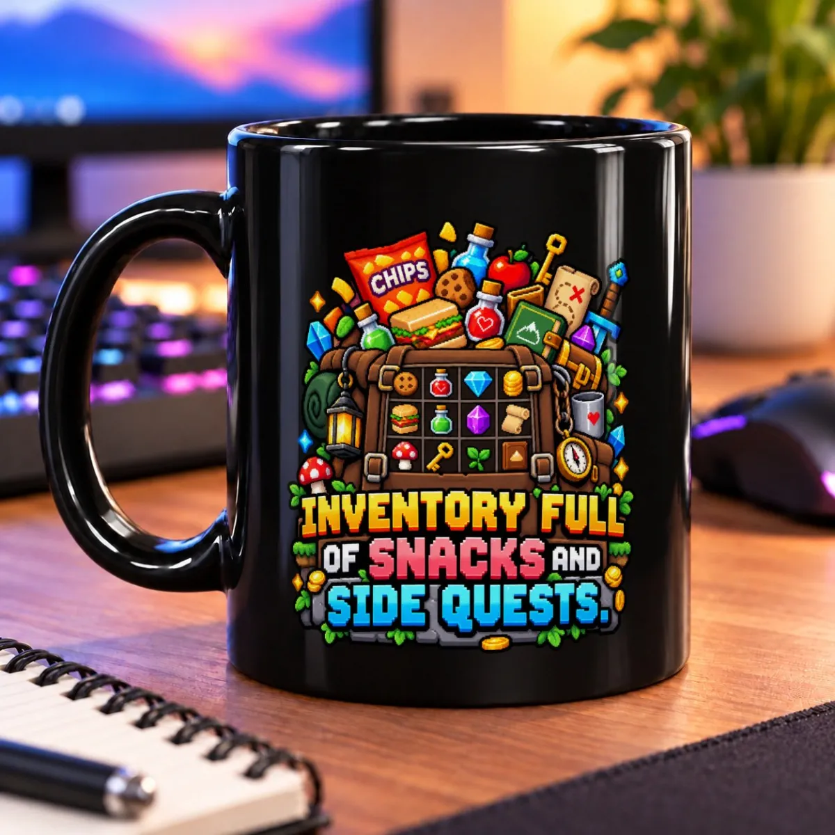 Inventory Full of Snacks and Side Quests – 11oz Mug 3 Pixel-art inventory overflowing with snacks, gems, treasure, and side-quest gear – black 11oz mug
