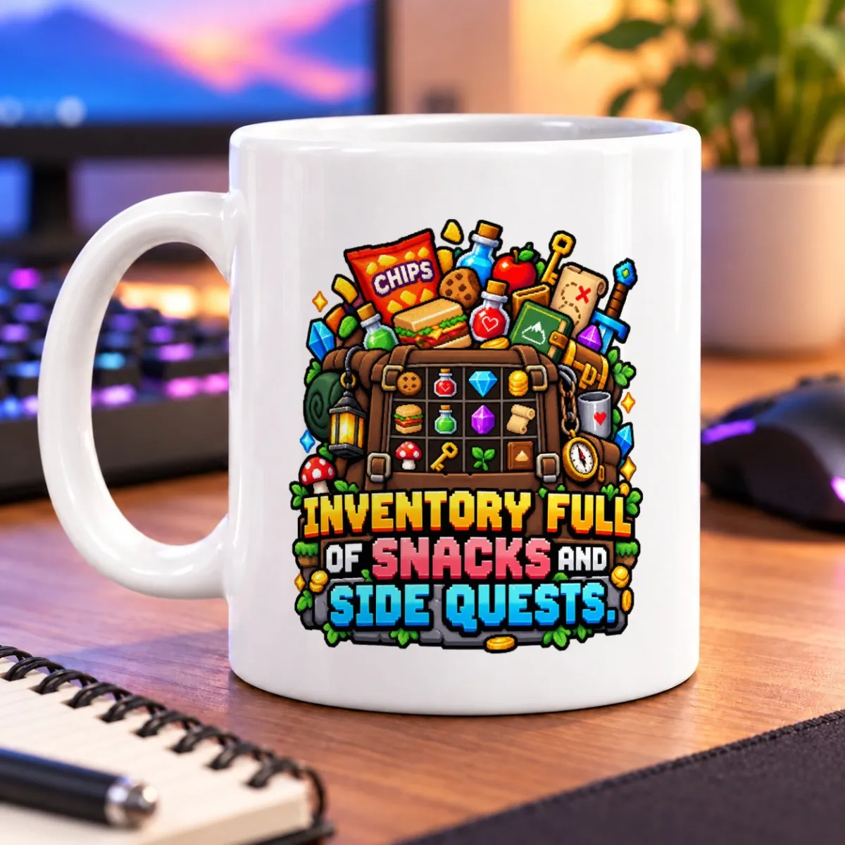 Pixel-art inventory overflowing with snacks, gems, treasure, and side-quest gear – white 11oz mug