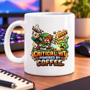 Pixel-art adventurer with a coffee cup leaping into a colorful hit effect – white 11oz mug