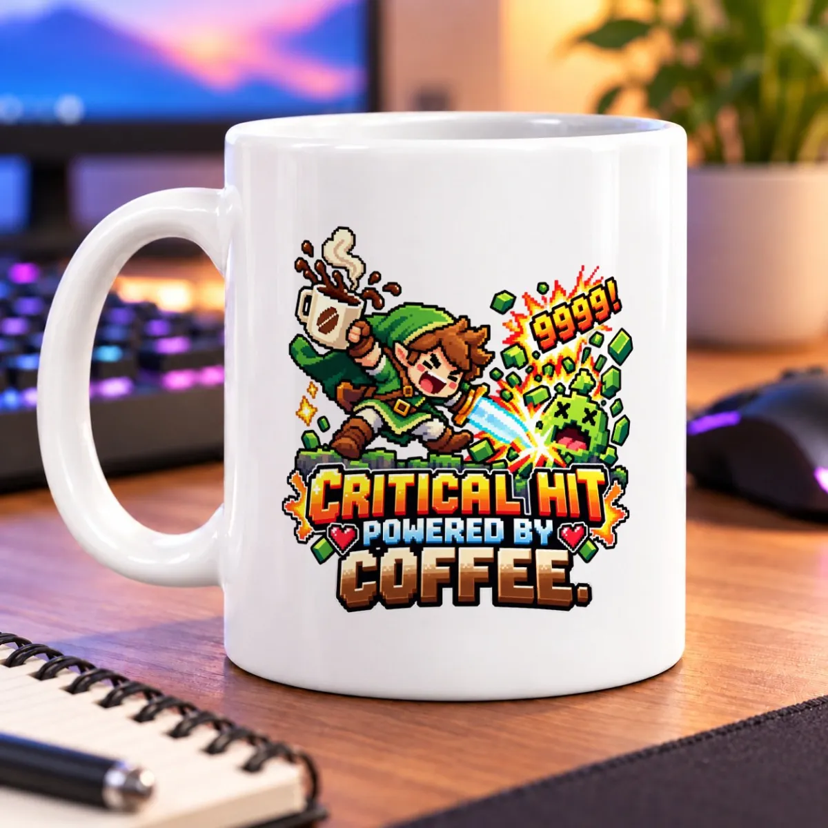 Pixel-art adventurer with a coffee cup leaping into a colorful hit effect – white 11oz mug