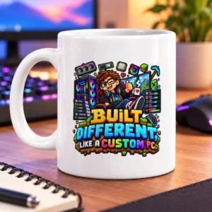 Pixel-art gamer gives a thumbs-up beside a colorful PC, with bold custom-build slogan lettering – white 11oz mug