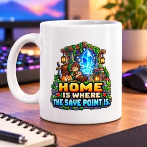 Pixel-art hideaway with a glowing crystal, resting adventurer, curled-up companion, and the text “HOME IS WHERE THE… – white 11oz mug