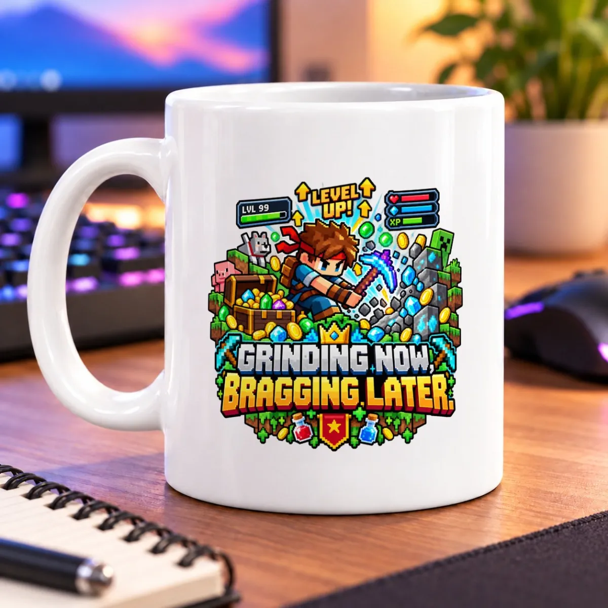 Pixel-art adventurer mining among gems, treasure, and level-up icons – white 11oz mug