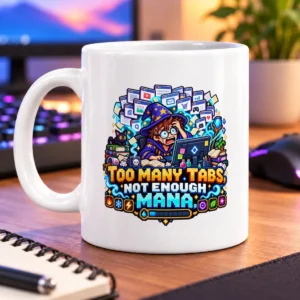 Pixel-art spellcaster surrounded by open tabs, glowing icons, and the words “TOO MANY TABS NOT ENOUGH MANA.” – white 11oz mug