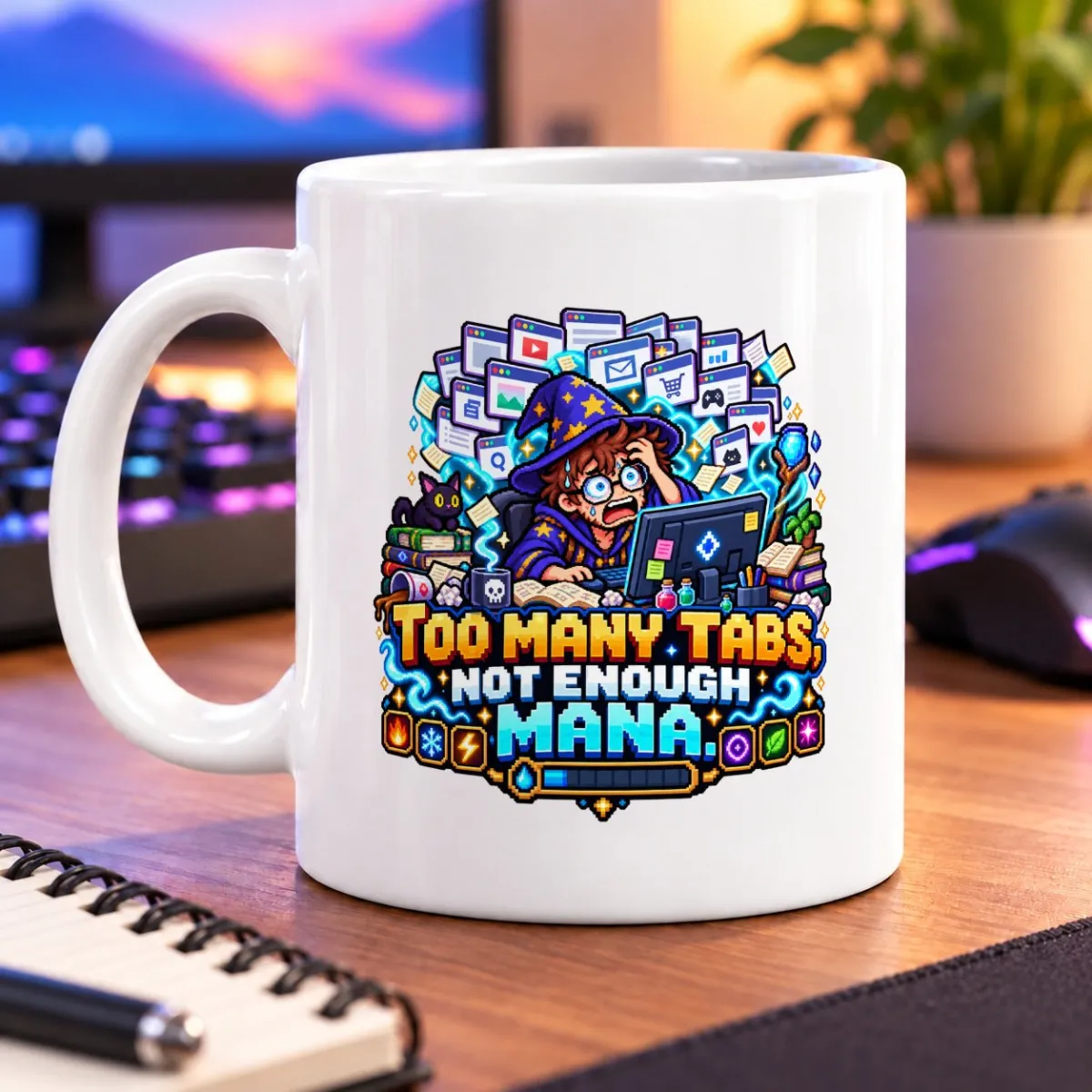 Pixel-art spellcaster surrounded by open tabs, glowing icons, and the words “TOO MANY TABS NOT ENOUGH MANA.” – white 11oz mug
