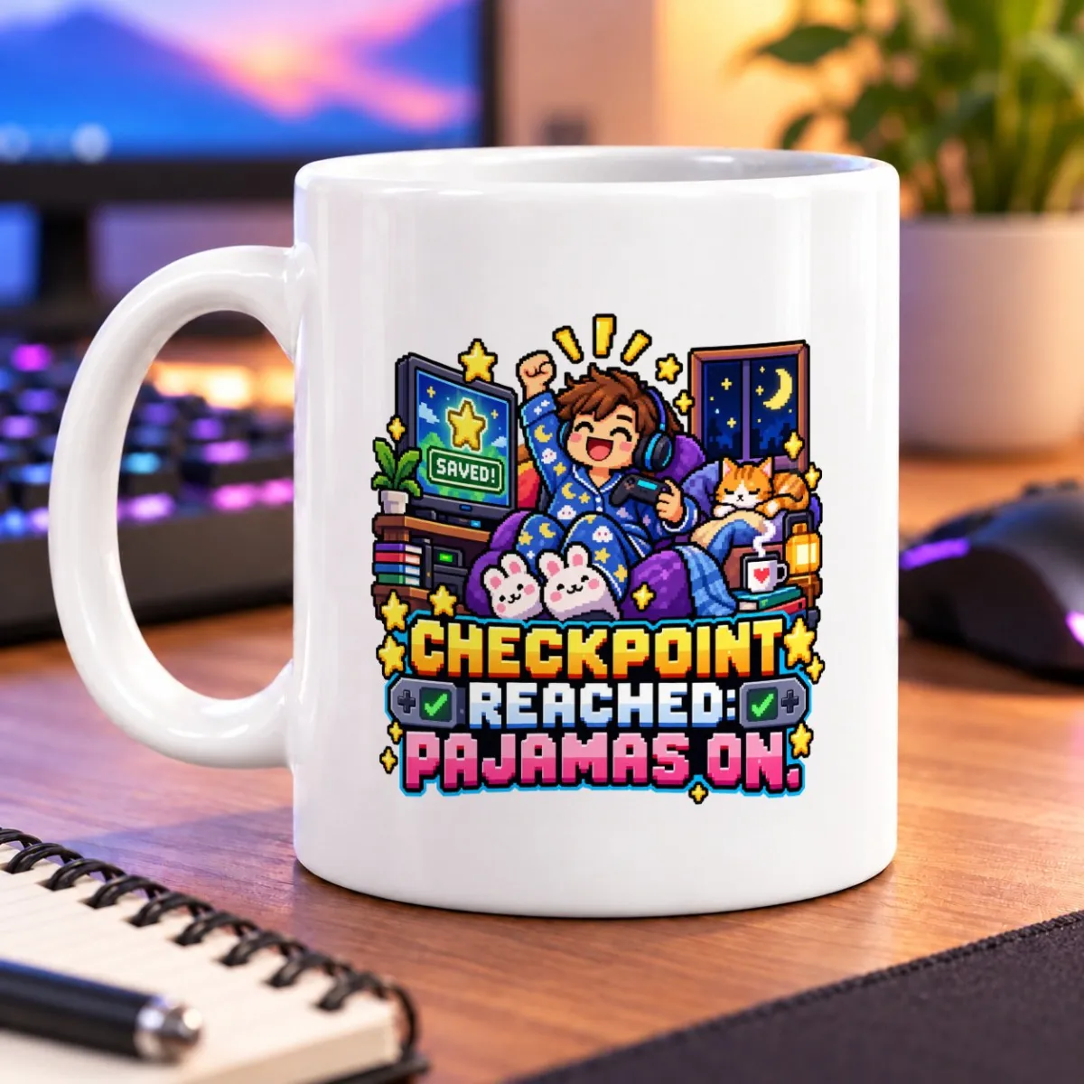 Pixel-art gamer in pajamas celebrating a checkpoint beside a snoozing cat and starry window – white 11oz mug