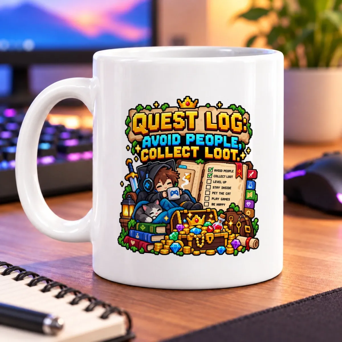 Pixel-art gamer relaxing with a cat beside a treasure chest, with colorful quest-log lettering – white 11oz mug