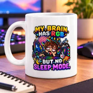 Pixel-art gamer with a glowing brain, RGB lights, and a sleepy companion beneath “MY BRAIN HAS RGB BUT NO SLEEP MODE” – white 11oz mug