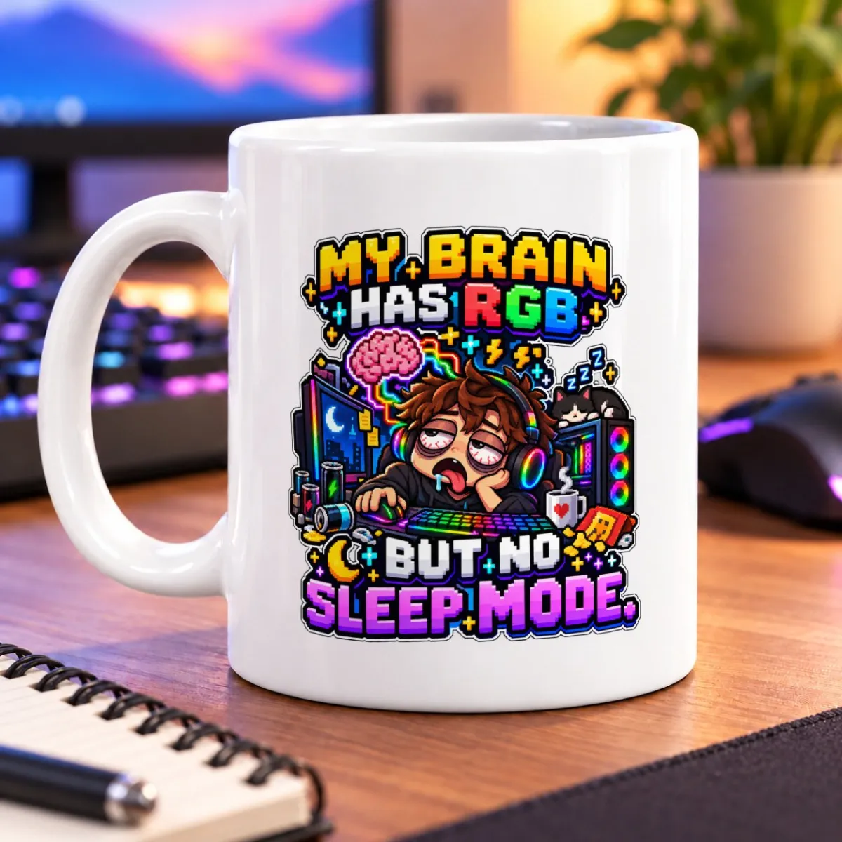 Pixel-art gamer with a glowing brain, RGB lights, and a sleepy companion beneath “MY BRAIN HAS RGB BUT NO SLEEP MODE” – white 11oz mug