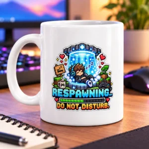 Pixel hero napping beneath a glowing respawn beam, with hearts, floating Zs, and bold pixel lettering – white 11oz mug