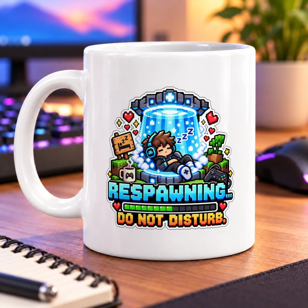 Pixel hero napping beneath a glowing respawn beam, with hearts, floating Zs, and bold pixel lettering – white 11oz mug