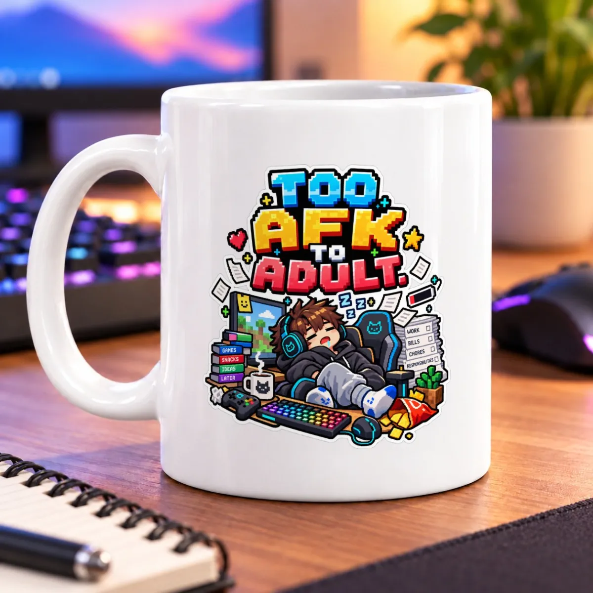 Pixel-art gamer dozing in a chair amid gaming gear, snacks, and scattered tasks – white 11oz mug