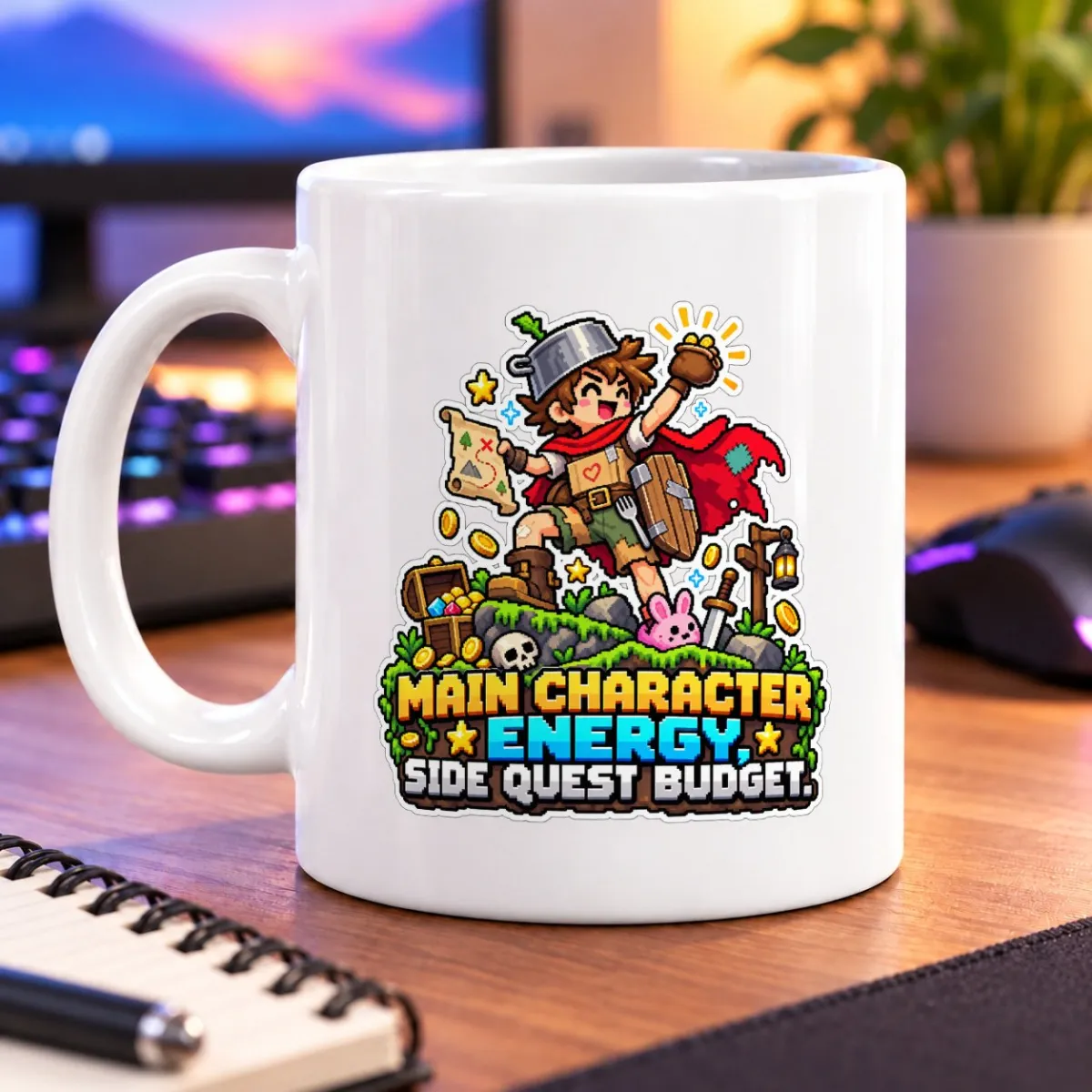 Pixel-art adventurer with a map, treasure chest, coins, and a pink bunny amid bright quest details – white 11oz mug