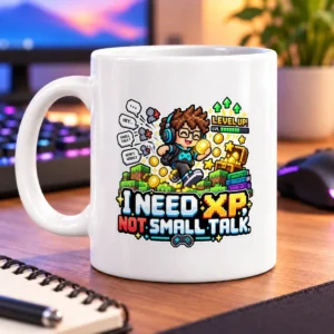 Pixel-art gamer collecting coins above a bold XP and small talk slogan – white 11oz mug