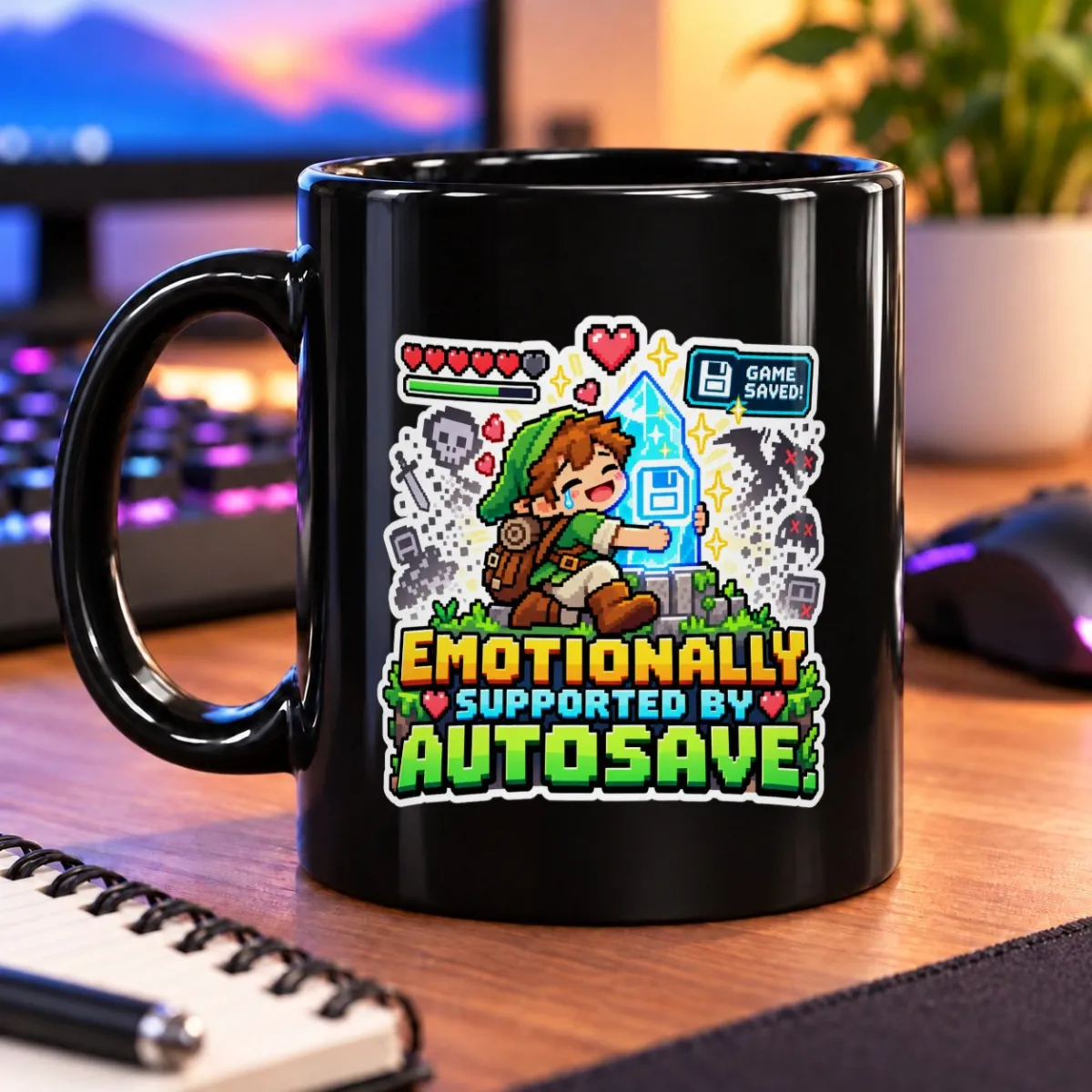 Emotionally Supported by Autosave! – 11oz Mug 3 Pixel-art adventurer hugs a glowing save crystal beneath EMOTIONALLY SUPPORTED BY AUTOSAVE! – black 11oz mug