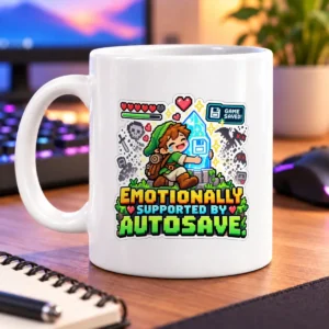 Pixel-art adventurer hugs a glowing save crystal beneath EMOTIONALLY SUPPORTED BY AUTOSAVE! – white 11oz mug
